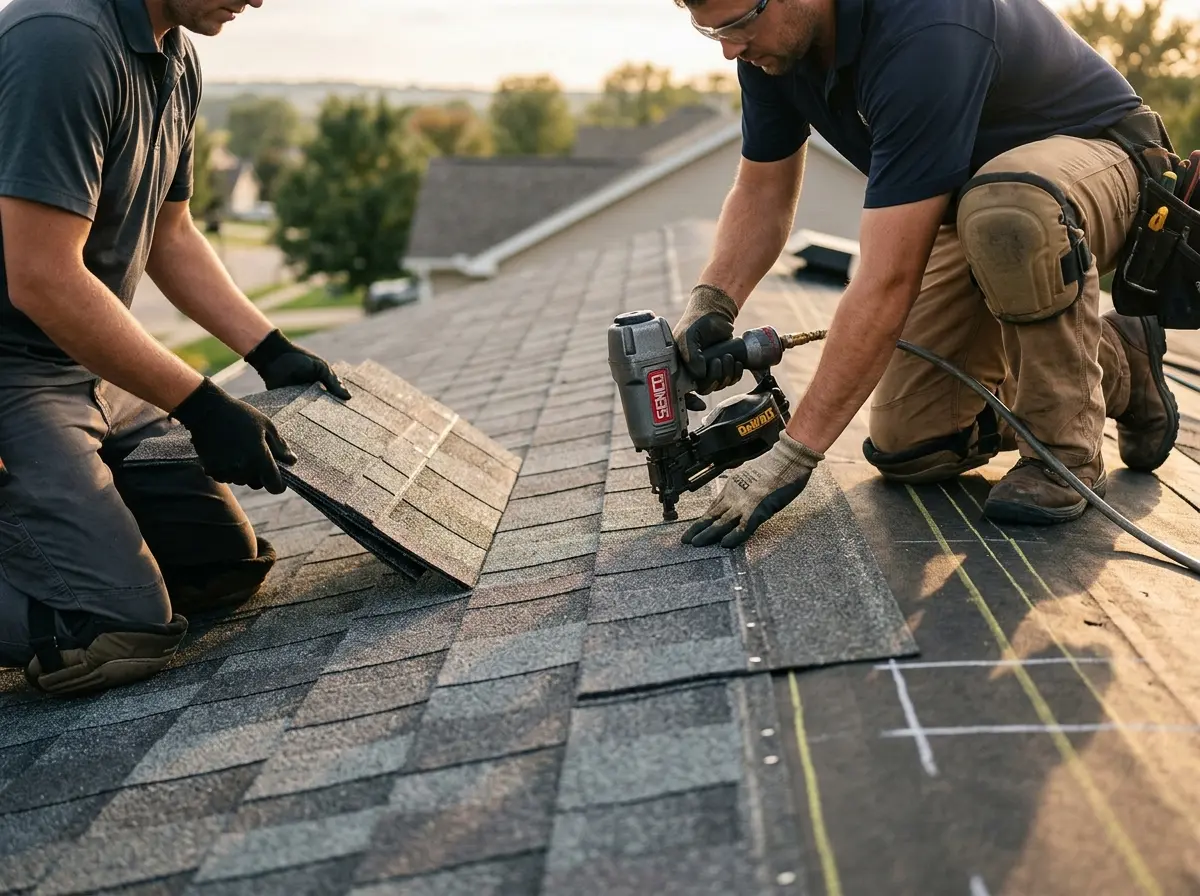 Professional roofer working on a residential roof in Astoria